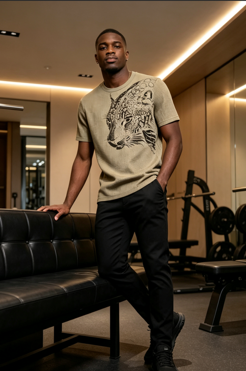 Men Textured Mesh Leopard Graphic Short Sleeve T-Shirt