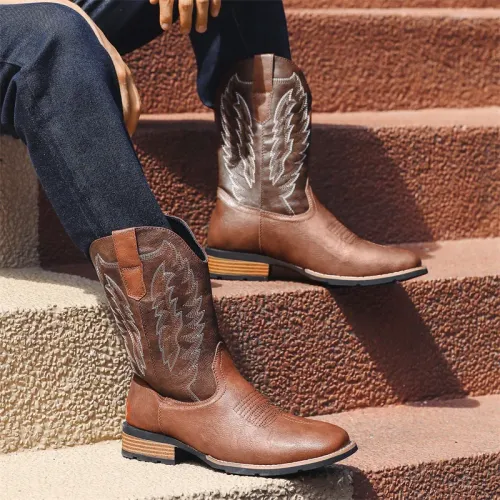 High top embroidered retro sleeve wide toe Western cowboy boots