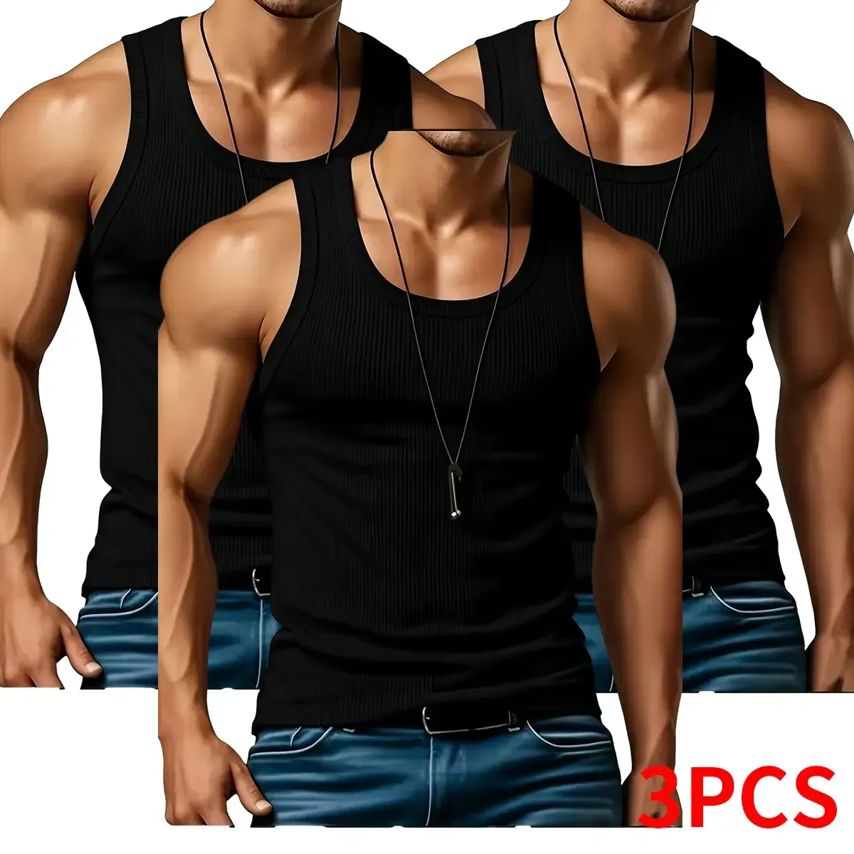 Men's 3PCS Ribbed Knit Tank Tops - Polyester Fabric, Lightweight Sleeveless Plain Menswear Casual Vests for Gym, Daily Wear, Outdoor Fitness,summerwins