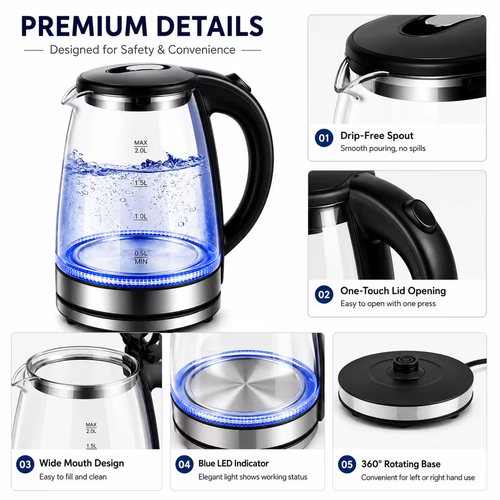 2.0L Glass Electric Kettle, BPA‑Free Borosilicate Glass Water Boiler with Blue LED Light, Auto Shut‑Off Boil Dry Protection Electric Water Heater for Home Kitchen