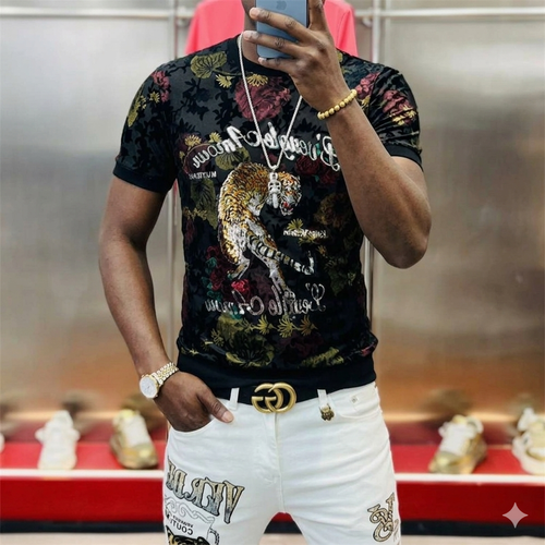 High-Quality Sequins Flocking Elastic T Shirt Men  Tiger Slim Fit Summer Comfortable Hollow