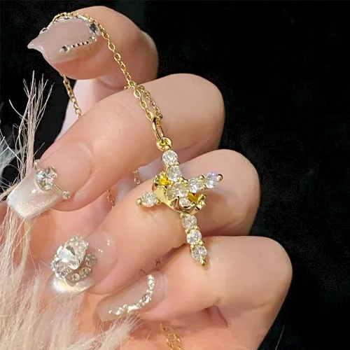 Light Luxury Crown Cross Necklace Jeus Bible Diamond Zircon Safety Prayer Pendant Necklace Jewelry Women Gift