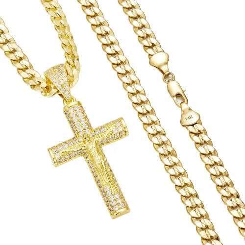 14K Gold-Plated Cross Necklace for Men Advanced Nanotech Tarnish-Free Cuban Figaro Rope Miami Chains with Jesus Crucifix Pendant