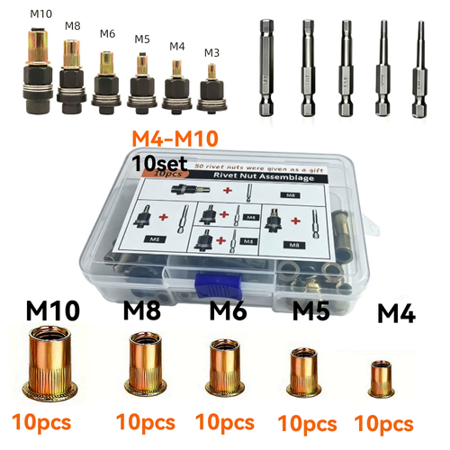 10-Piece Carbon Steel Rivet Nut Set (Includes 50 Rivet Nuts) – M3, M4, M5, M6, M8 Metric Threads, Hex Shank – Compatible with Power Drills – Suitable for Automotive Repair and Body Panel Modification