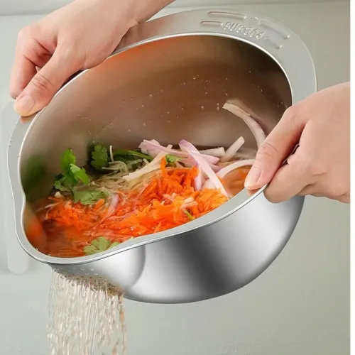 304 Stainless Steel 2 In1 Multi-Function Vegetable Washing and Draining Bowl  Cutting Basin