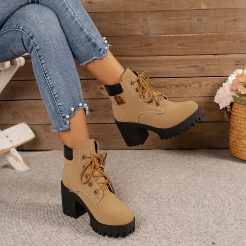 Women Retro Round Toe Chunky Heels Ankle Boots Autumn New High Heels