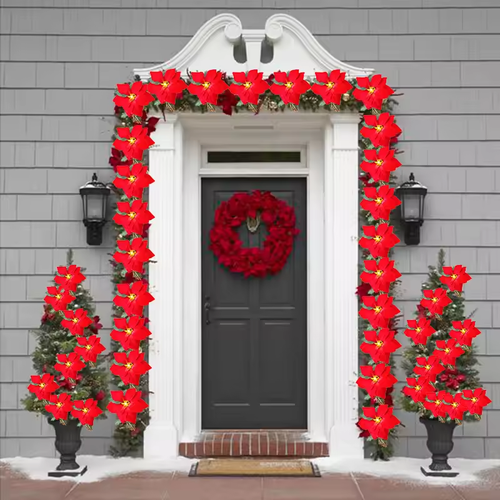 Poinsettia Christmas Flowers Garland String Lights Xmas Tree Ornaments Indoor and Outdoor Party Decor Christmas Decoration Navidad