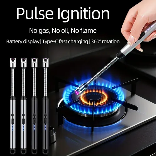 Electronic lighter, USB rechargeable electronic lighter with battery indicator and intelligent power-off function, 360° flexible neck, suitable for candles, gas stoves, cooking, and camping.