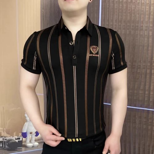 New Men's Polo Shirt: Stylish, Slim-Fit, Stretchy Striped Short-Sleeve Top with Turn-Down Collar