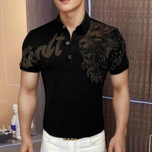 Lion Rhinestone Men's Polo Shirt Luxury Short Sleeve Casual T-shirts Slim Fit Lapel Business Formal Social Polo Tee Tops