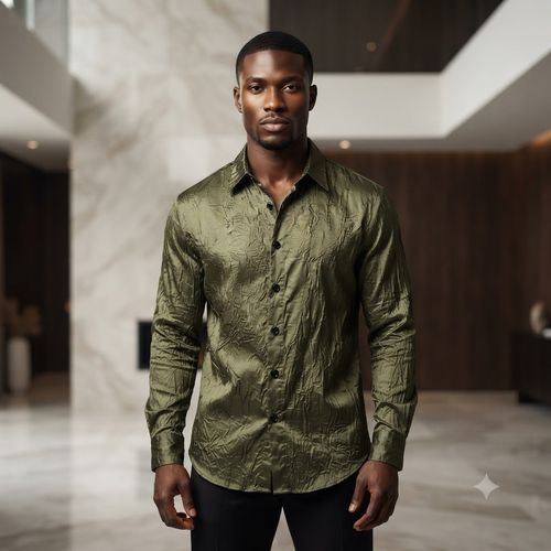 Green patterned non-iron long-sleeve shirt