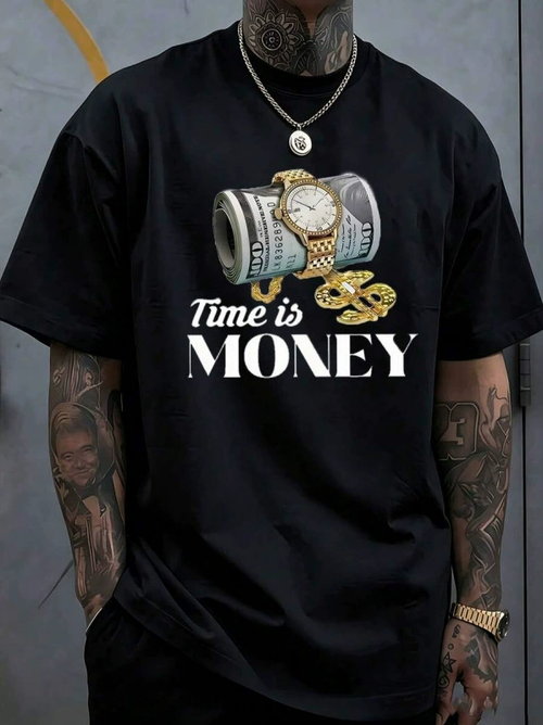 Men Oversized Graphic T-Shirt, Time Is Money Dollar Watch Print Casual Short Sleeve Tee, Fashion Streetwear Tops for Men