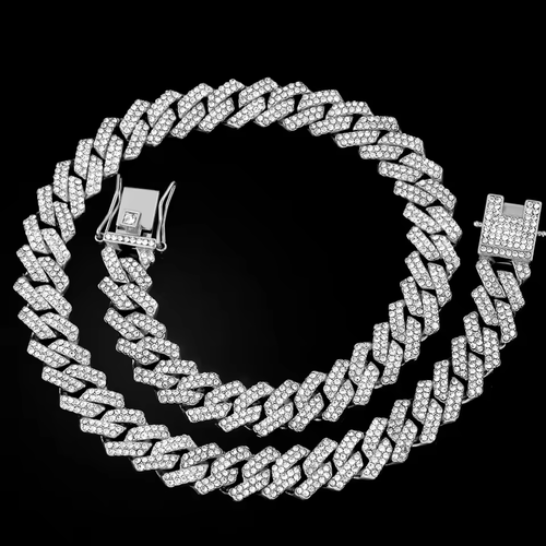 20 inch Gold Color Cuban Link Chain for  Men 2 Row Rhinestone Rhombus Prong Cuban Necklaces Hip Hop Jewelry