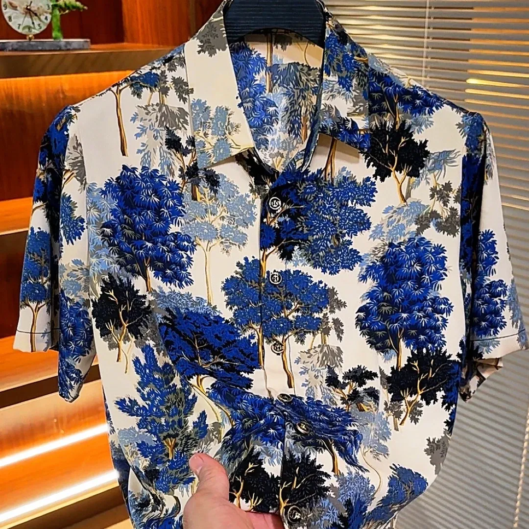 White and blue 3D-print Ice silk shirt