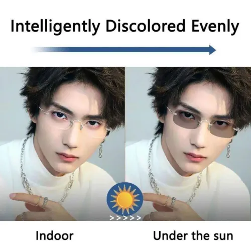 Rimless photochromic prescription glasses with blue light protection suitable for individuals who have difficulty seeing distant objects clearly.