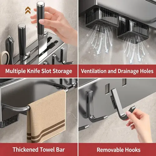 Multi-Functional Heavy-Duty Carbon Steel Knife Holder,No-Drill Wall-Mounted Organizer Rack for Knives, Utensils & Cutting Boards