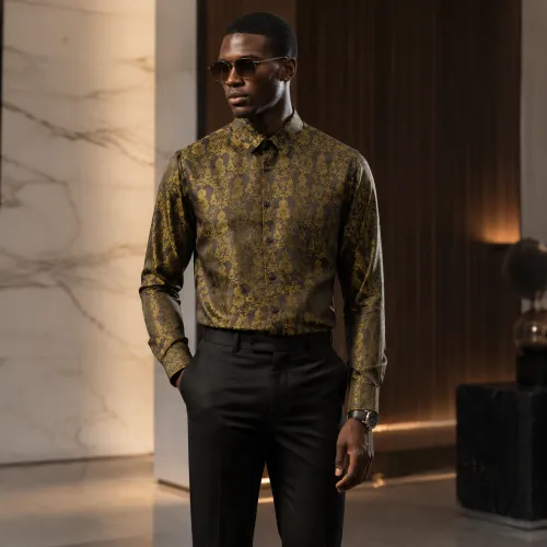 Long-sleeve shirt with gold-thread gourd print