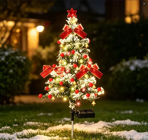 ulticolor LED Solar Tree Lamp Cedar Christmas Garden Stake with Red Bows Berries Bells and Star for Outdoor Holiday Decor