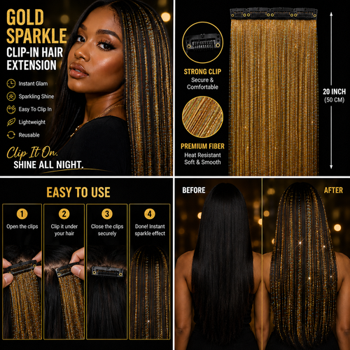 ✨ Holographic Gold Sliver Clip-In Hair Tinsel Extension – One-Piece Sparkling Hair Extension for Party, Birthday & Special Occasions ✨