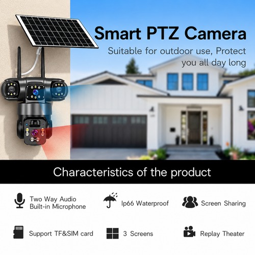 🔥 Solar Powered 3-Lens Outdoor Security Camera – Triple Screen View, AI Human Detection, PTZ Control, Color Night Vision & Two-Way Audio
