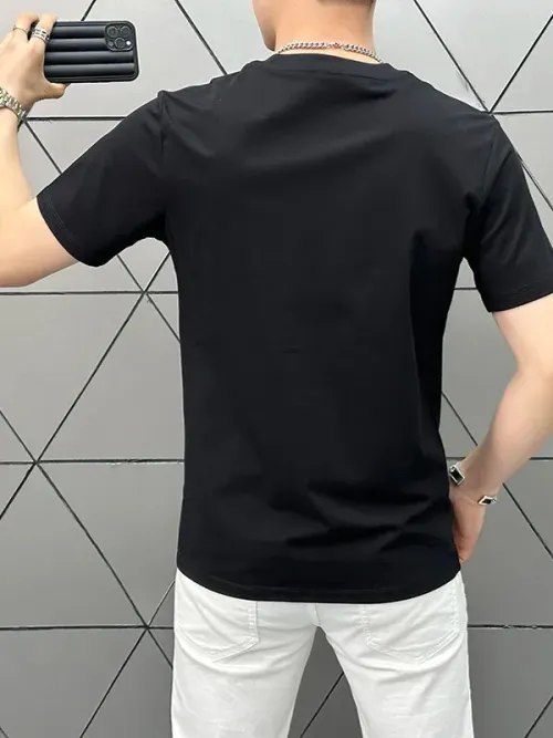 Summer Men Shiny Rhinestone Crown Lion Print Round Neck Black Breathable Slim Fit