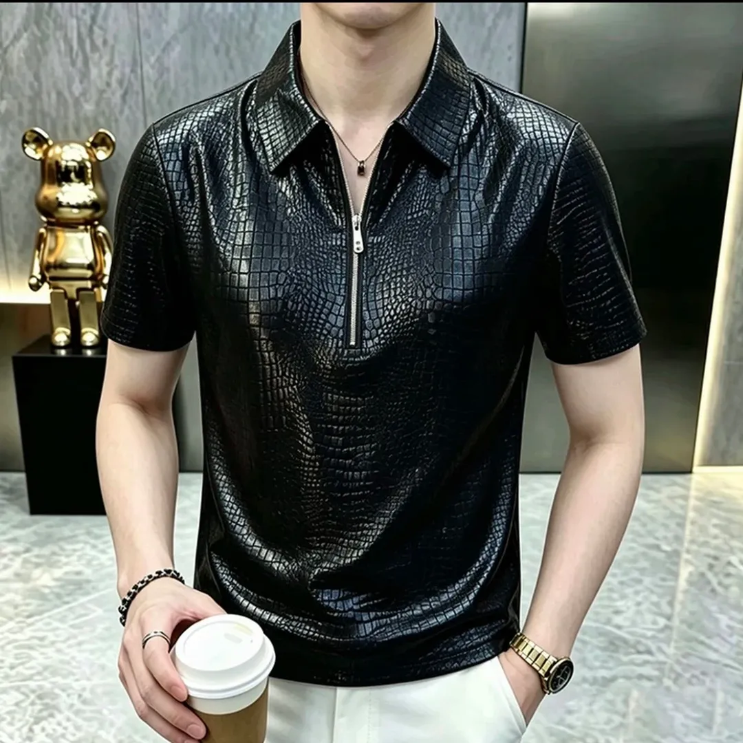 Snake-print sequined T-shirt with zipper detail