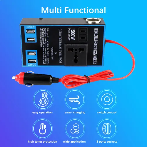 1500W Power Inverter DC 12V 24V to AC 110V 220V Car Converter with 4 USB Quick Charging Cigar Lighter Socket for Vehicle Home