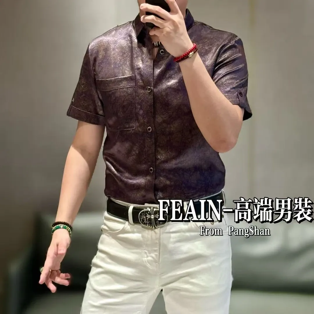 Men's purple patterned acetate-blend  ice silk shirt