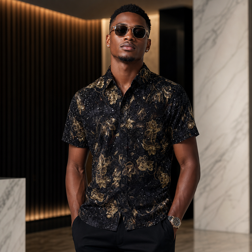 Short-sleeved shirt with a vintage golden rose print.