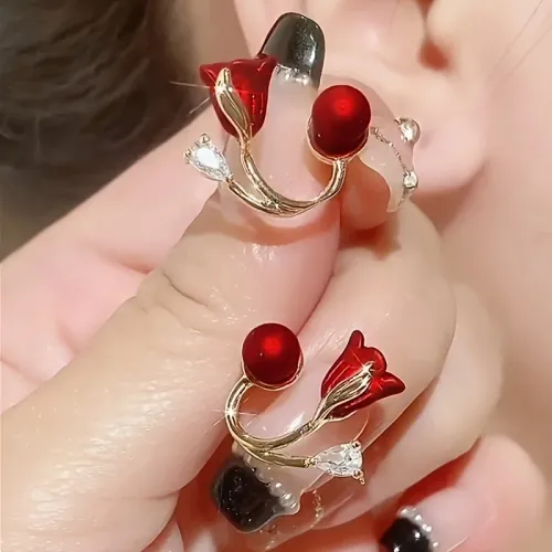 Korean Red Rose Stud Earring Fashion Imitation Pearl Flower Earrings for Woman Party Jewelry Christmas Gift New Arrivals