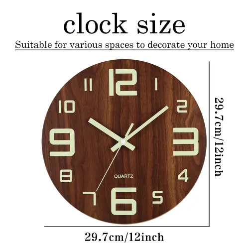 12 inch wooden luminous wall clock, silent clock