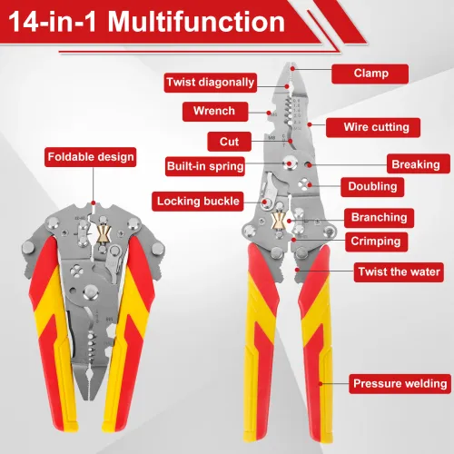 14 in 1 Multifunctional  Stripper Pliers Foldable Cable  Tool Ergonomic Electric Wire Cutting Splitting Crimping