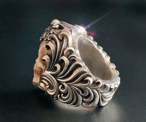 💀Adjustable opening Vintage Polish Floral Armor Antler Skull Ring