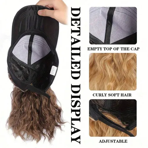 Synthetic 12inch Women's hat Water ripple wig hat with ponytail wig Hat with wig Lady's adjustable black baseball cap wig