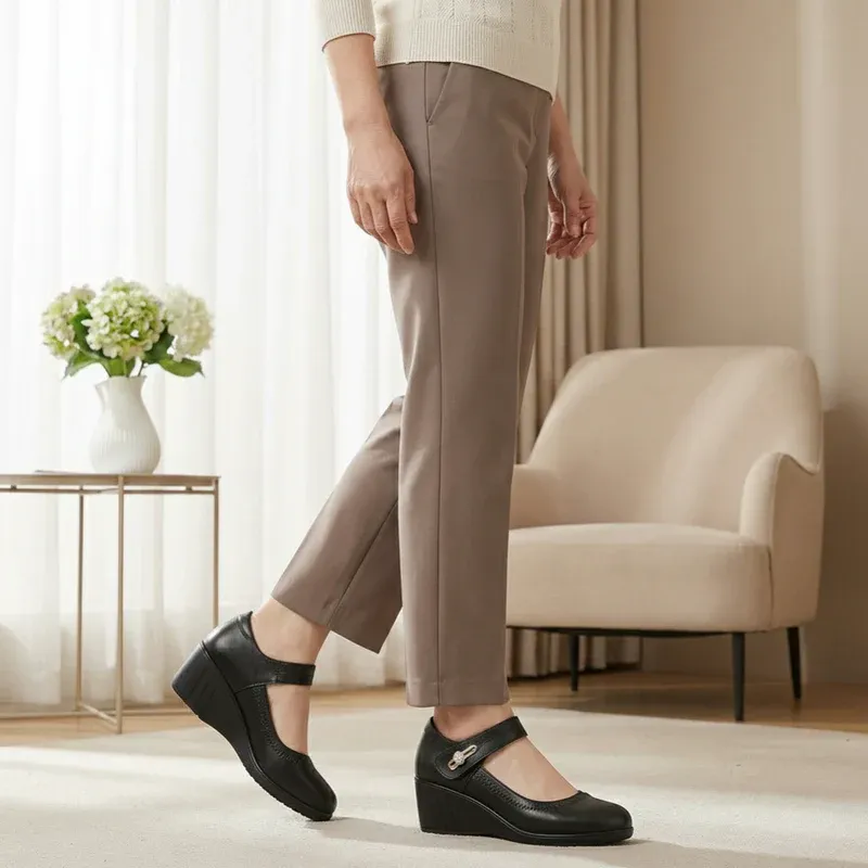 Women Fashion High Quality Wedge Heel Shoes for Spring Summer Lady Casual Street Comfort Black High Heel Shoes for Student A06