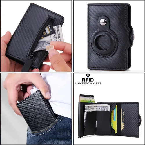 On sale RFID-blocking men's and women's credit card wallet, carbon fiber Airtag wallet, PU leather minimalist slim smart wallet