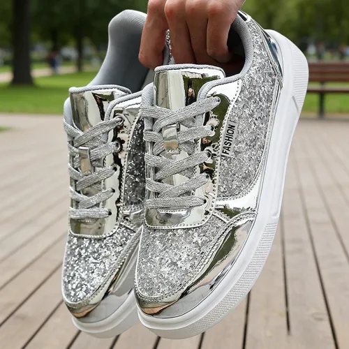 Fashionable Casual Sports Shoes Walking Gold Flat Vulcanized Shoes Lace up anti slip training sports shoes