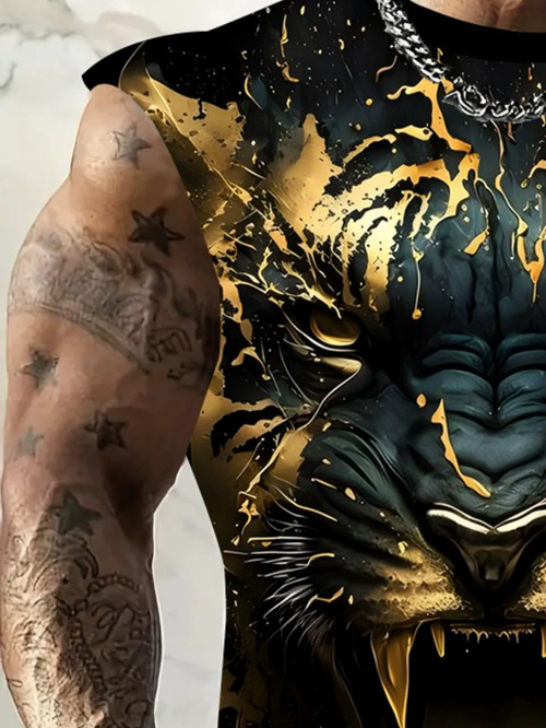 Men's Black Gold Tiger Head Graphic Print Crew Neck Sleeveless Vest