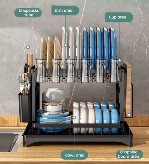 2 Tier Dish Drying Rack Kitchen Bowl Drainer Storage Rack Tableware Drain Chopsticks