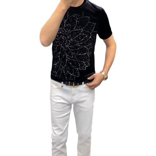 Men's Breathable T-Shirt with Rhinestone Lotus Design