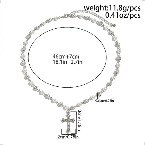 Silver Pearl Rhinestone Chain Cross Pendant Necklace, Dainty Vintage Religious Faith Layering Jewelry for Women Daily Party