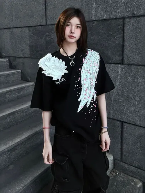 Fashion Popular O Neck Short Sleeve Casual T Shirt Y2k Subcultural Print All Macth Clothes Harajuku Grunge Punk Tops