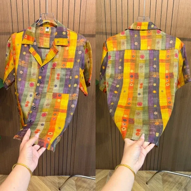 Men's Short-Sleeve Ramie Shirt with Collar