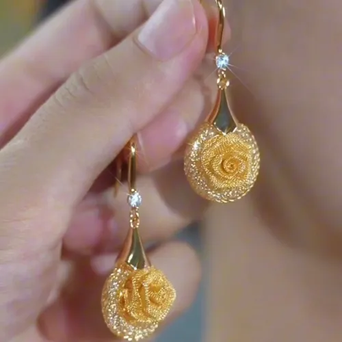 A Pair of 3D Rose Flower Drop Earrings