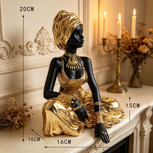 Elegant Black Woman Figurine, Golden Dress & Turban, African Art Decor, Home & Office Ornament, Luxury Gift