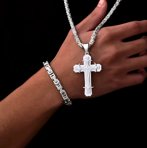 Men's Cross Pendant Necklace and Bracelet Set