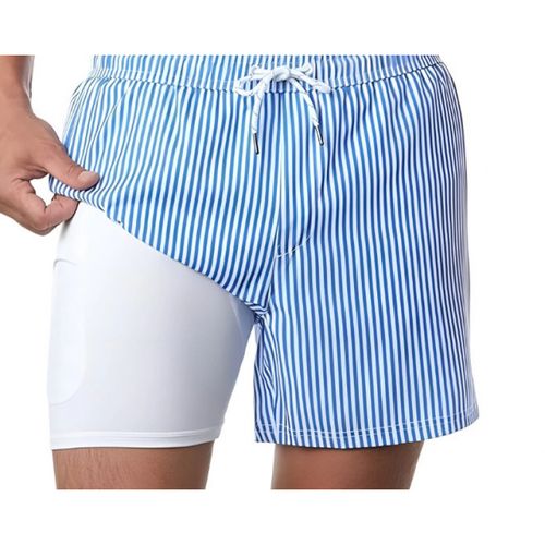 Color-Blocked Striped Men's Beach Shorts with Drawstring Waist, Pocket Design, Casual Style, Non-Stretch, Suitable for Summer Beach Wear
