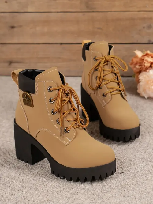 Women Retro Round Toe Chunky Heels Ankle Boots Autumn New High Heels
