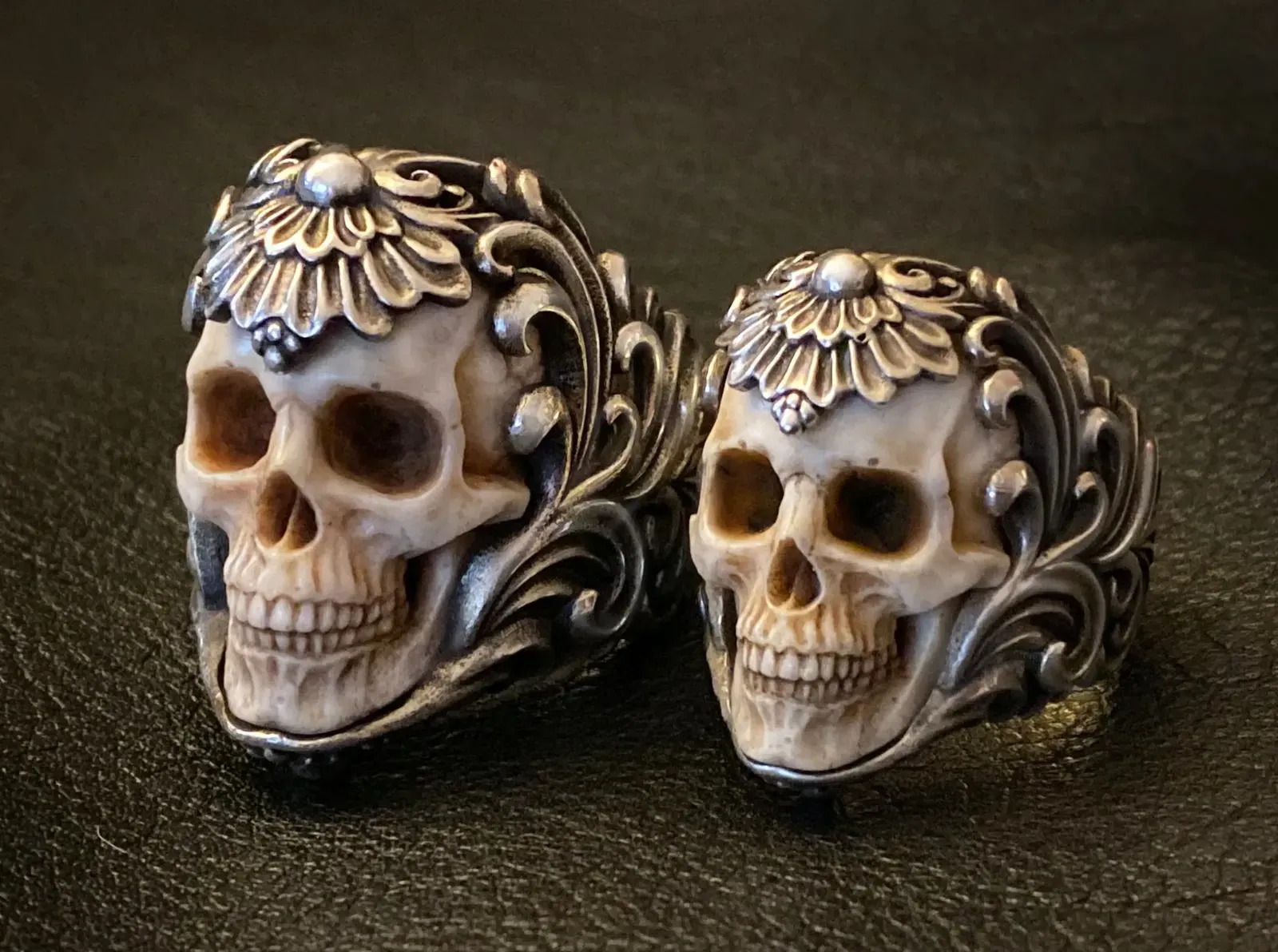 💀Adjustable opening Vintage Polish Floral Armor Antler Skull Ring