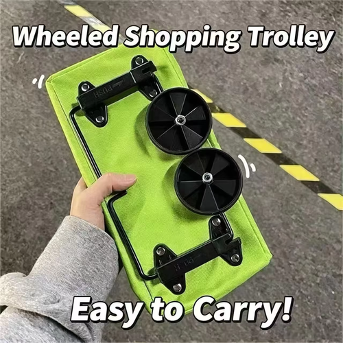 Lightweight, foldable shopping trolley with wheels (can also be carried over the shoulder)